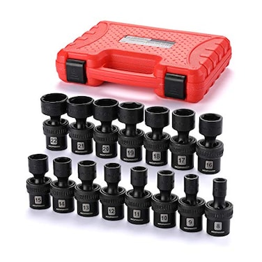 MIXPOWER 15piece 38 Drive Shallow Universal Impact Socket Set 6 Point Metric 822mm CRMO Swivel Socket With Flexible Wobble