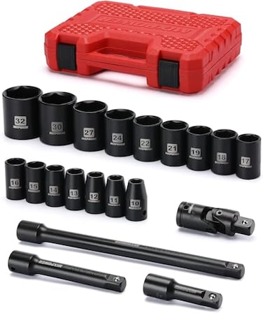MIXPOWER 12Inch Drive Shallow Impact Socket Set Metric Size 10mm32mm CRV 6Point Mechanic and Repair Project 20Piece 12 Shallow Sockets Set with Extension Bar and Universal Joints