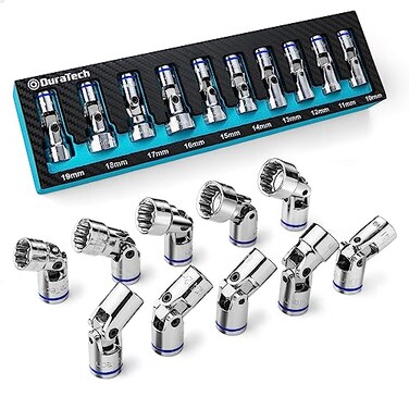 DURATECH 38 Drive Universal Joint Socket Set Swivel Socket Set 10Piece Metric Size Covers 1019mm CRV Steel Organized in EVA Foam Organizer