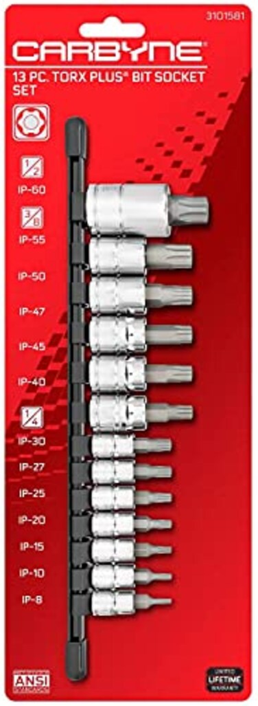 CARBYNE 13Piece Torx Plus Bit Socket Set 6 Lobe TP8IP8 to TP60IP60 S2 Steel Bits CrV Sockets 14 in 38 in 12 in Drive Zinc Phosphate Genuine Licensed Torx
