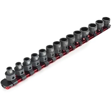 CROM Stubby Impact Socket Set 14Piece 38 Drive Metric 619mm Low Profile Socket Set CRMO Steel Nano Shallow Impact Includes Aluminum Storage Rail Metric 14 Piece