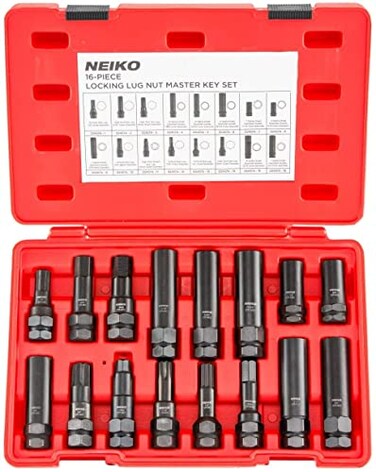 Neiko 02457A LugNut Key Set WheelLock Removal Tool Kit for Aftermarket and Factory Wheel Tire Keys SAE and Metric Lug Sockets 16 Pieces