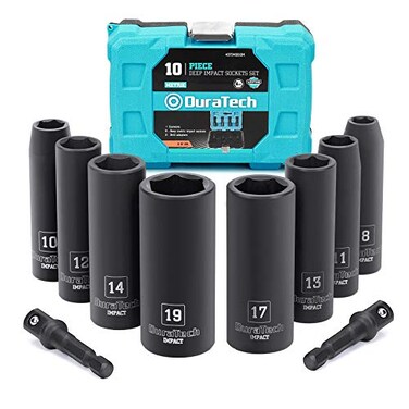 DURATECH 10 Piece 38 Inch Drive Impact Socket Set Including 8PCS Deep Impact Sockets in Metric Sizes 810111213141719mm 2PCS 14 Inch Hexagon Extension Bars