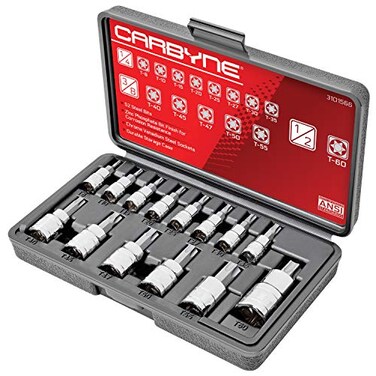 CARBYNE 14Piece Torx Bit Socket Set T8 to T60 S2 Steel Bits CrV Sockets 14 in 38 in and 12 in Drive Durable Storage Case Genuine Licensed Torx