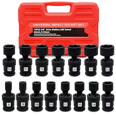 HPBBKD Universal Swivel Impact Socket Set Premium CrMo Steel 15Piece Metric 8mm 22mm Set 6 Point 38Inch Drive