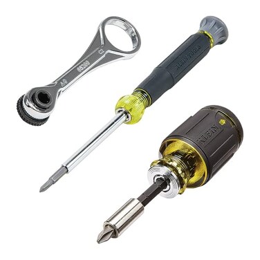 Klein Tools 85515 3Piece MultiBit Impact Screwdriver Set with 8in1 Stubby Mini Ratchet and 4in1 Electronics Screwdriver