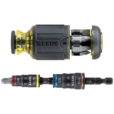 Klein Tools 32308HD Impact Driver Set 12in1 Stubby Screwdriver Set 2 Hex Flip Sockets 7 Bits 14Inch Bit Holding Feature