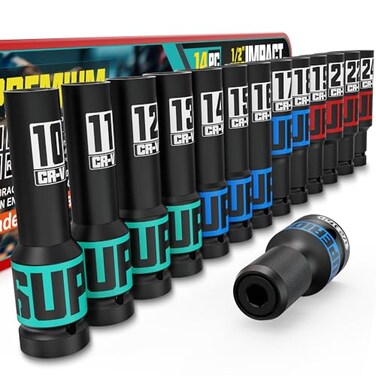KIRXST 14Piece 12 Drive Impact Socket Set 1024mm Thicker Deep Sockets with Storage Case and 12 to 14 Impact Wrench Adapter Metric 6 Point Socket Set for Automotive and Home