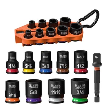 Klein Tools 33809 GrabAndGo Impact Socket Set SAE 10Piece Set with Sleeve Carabiner and 38Inch Drive ColorCoded 14 516 38 716 12 916 58 1116 and 34Inch Sockets