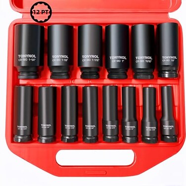 TONYNOL 12 Inch Deep Drive Impact Socket Set12PointSAE38 to 11414 PcsCrMo SteelWith a Storage Case