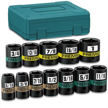 KIRXST 12Piece 38 Drive Shallow Impact Socket Set 516 to 1 inch SemiDeep Sockets CRV Socket Set for Automotive and Home SAE 6 Point