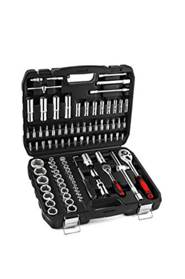 XHTT 94 Piece Tools For MechanicsMetric And Standard 1412 Socket SetAnd Ratchet SetUniversal JointExtension Bars And Quick Release Reversible Ratchet WrenchPlastic Toolbox Storage