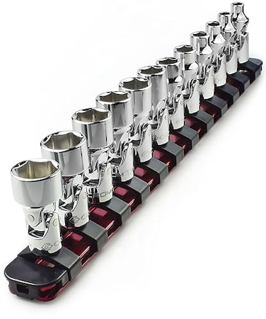 CROM Universal Flex Socket Set 14 Inch Drive 6Point 12Piece Swivel Socket Set from 5mm to 15mm Metric Swivel Joint for Easier Access to Tight Spaces Aluminum Storage Rail Included