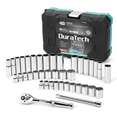 DURATECH 38 Drive Socket Set 40 Piece Tool Set Including Standard SAE and Metric Sockets 90Tooth Ratchet Handle and Extension Bar