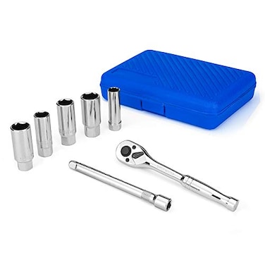 Renekton 38 Inch Drive Spark Plug Socket Set Rubber Retaining Inserts SAE And Metric 58inch 34inch 1316inch 14mm 18mm With 90Tooth Ratchet Wrench And Extension Bars 7 Pieces