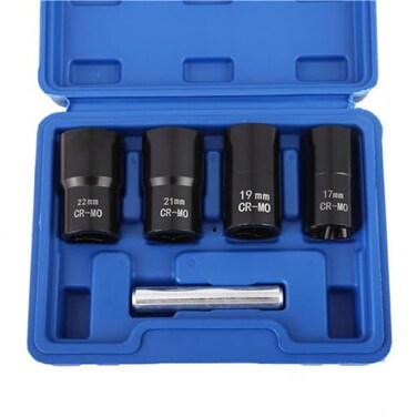 LSLANSOON 12 Drive Impact Bolt Nut Extractor Set 5pcs Locking Wheel Lug Nut Remover Kit 17mm 19mm 21mm 22mm Twist Socket Tool Set Including a Punch Rod