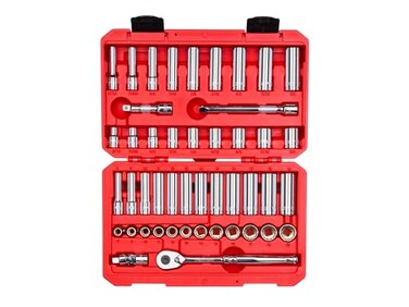 TEKTON 38 Inch Drive Shallow and Deep 12Point Socket and Ratchet Set with Case 46Piece 51634 in 819 mm SKT15302
