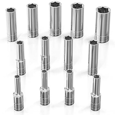 Olsa Tools SAE Deep Socket Set 14Inch Drive 13pc 6Point Chrome Sockets from 18 to 58 and No Skipped Sizes Mechanic Deep SAE Socket Set Professional Grade Long Sockets Part 1329