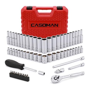 CASOMAN 14Inch Drive Master Socket Set with Ratchets Adapters Extensions with 14 Dr Bits Set InchMetric 6Point 532Inch 916Inch 4 mm 14 mm 62Piece 14 Dr Socket Set