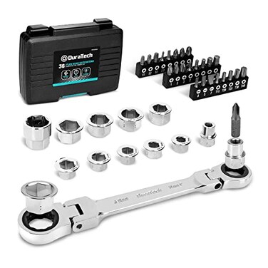 DURATECH 12in1 FlexHead Ratcheting Wrench Set 24in1 Screwdriver Set Double Box End Wrench 819mm 14 Drive Adapter with 24PCS Driver Bits CRV Steel with Tool Box