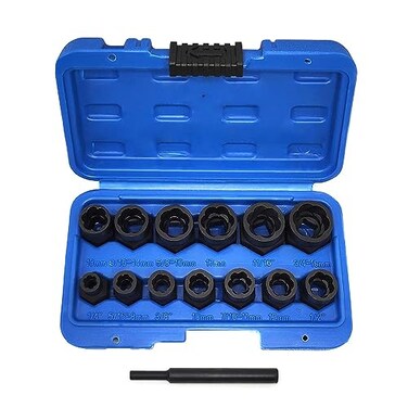 JEUCLEL 14PCS Twist Lug Nut Socket Set 38 inch Drive Damaged Nut Lock Remover Extractor Rusted Stubborn Locking Nut Removal Tool Kit Center Punch Bar