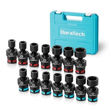DURATECH 38 Drive Impact Swivel Socket Set Shallow Universal Wobble SAE Metric With Flexible Joint 14 Pieces CrMo Steel 6 Points Organized in Sturdy Storage Case