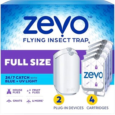 Zevo 2 Flying Insect Traps 4 Refill Cartridges Plug in Fly Trap Indoor Bug Catcher for Gnats House Fruit Flies Blue UV Light Technology MessFree Alternative to Bug Zapper