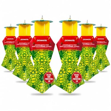 Catchmaster Japanese Beetle Traps wRainProof Cap 6Pack Dual Lure Beetle Bag Trap Hanging Beetle Catcher Pest Control for Backyard Garden Plants Trees Vegetables Flowers