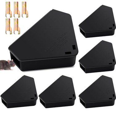 Qualirey 6 Pcs Mice Station with Key Triangle Mouse Station Lockable Reusable Bait Box Enclosed Design for Indoor and Outdoor Use Suitable for Small Mice Black