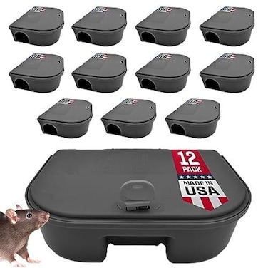 Exterminators Choice Compact Mouse Bait Station HeavyDuty Outdoor Mouse Bait Box Lockable Design with Key Versatile Indoor Outdoor Use Pack of 12 Black 475in x 35in x 125in