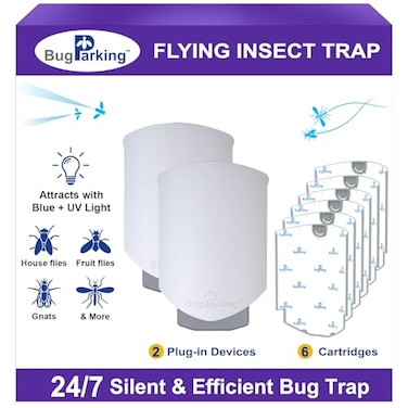 Bug Parking Flying Insect Trap Plugin UV Light for Gnats Fruit Flies and Houseflies Silent Sticky Catcher for Indoor Use 2 Devices 6 Refills