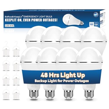 BoRccdit KeepLit 8 Pack Emergency Rechargeable Light Bulbs 48H Long Lasting 3 Brightness Power Outage Lights12W 5000K Battery Backup Emergency Light Bulbs for Home Power Failure Hurricane