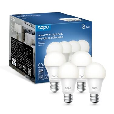 Tapo TPLink Smart Light Bulbs Natural Daylight Dimmable Compatible wAlexa and Google Home A60 BulbE27 Base 60W Equivalent 800LM CRI90 24GHz WiFi Only No Hub Required L520E4Pack