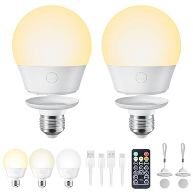 Brightown E26 Rechargeable Light Bulb with Remote Timer and 3 Color Temperatures Battery Backup Bulb for Sconces and Lamps E26 Detachable Charging for NonHardwired Fixture Dimmer 700LM