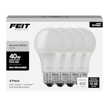 Feit Electric A19 LED Light Bulb 40Watt Equivalent 3500K Neutral White E26 Base 450 Lumens 11000Hour Lifespan Generalpurpose Residential or Commercial Applications A45083510KLED4 4Pack