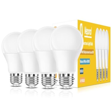 Neporal Full Spectrum Light Bulb 6000K Natural Sunlight Bulbs 9W 60W Equivalent LED Light Bulb Natural Light Bulbs A19 E26E27 4 Pack