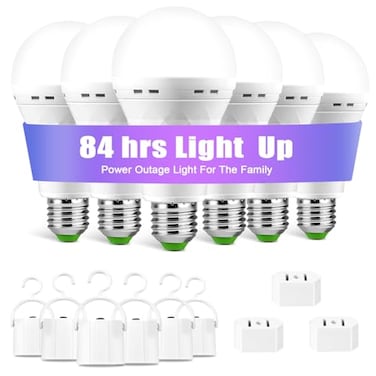 LHZHENG EmergencyRechargeableLightBulb Stay Lights Up When Power Failure 1500mAh 12W 60W Equivalent LED Light Bulbs for Home Camping Hiking E27 with Hookwith Plug Cap 6 Pack