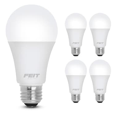 Feit Electric A19 LED Light Bulb 60W Equivalent Dimmable 800 Lumens E26 Medium Base 3000K Bright White CRI 90 25000 Hour Lifetime UL Listed Damp Rated 4 Pack OM60DM930CA4