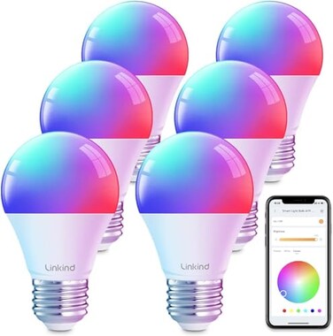Linkind Smart Light Bulbs Smart Bulb that Work with Alexa Google Home AiDot LED Light Color Changing A19 E26 Dimmable RGBTW DIY Light Show Dotis No Hub Needed 800LM 24G WiFiBluetooth 6 Pack