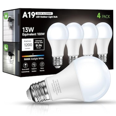 Eastiya Dusk to Dawn Sensor LED Outdoor Light Bulb Daylight White 5000K A19 13W100 Watt Equivalent Bright Porch Lighting 1200LM AutoOnOff Photocell Sensor for Garage Yard Patio Garden4 Pack