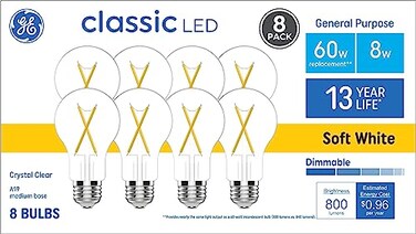 GE 60 Watt EQ A19 Classic Crystal Clear Soft White Medium Base e26 Dimmable LED Light Bulb 8Pack