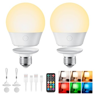 Brightown E26 Rechargeable Light Bulb with Remote and Timer Battery Backup Bulb for Sconces and Lamps Magnetic Bulbs for NonHardwired Fixture 3 Color Temperatures 9 RGB Colors Dimmable 2 Pack
