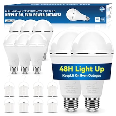 BoRccdit KeepLit 8PK Emergency Rechargeable Light Bulbs 48H Battery Backup 3 Brightness Levels 12W 65W Equivalent A19 LED Bulbs AutoOn During Power Outage for Hurricane Emergency Use Daylight