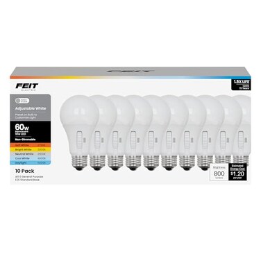 Feit Electric A19 LED Light Bulb 60W Equiv NonDimmable Selectable Color Temperatures 2700K5000K 800 Lumens General Purpose Light Bulbs 17000Hour Lifetime OM605CCT15KLED10 10 Pack