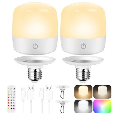Yochoice Rechargeable Battery Operated Light Bulb 4000mAh Dimmable LED Bulb with Remote Detachable Base E26 Battery Powered Light Bulb for NonHardwired Lamps with 15 Colors 3 Timer 2 Packs
