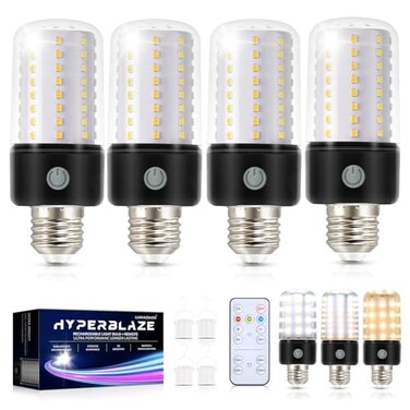 LUXKAZSAZZI HYPERBLAZE Battery Operated Light Bulb with Remote 72LED Wide Bright 3 Colors Dimmable Rechargeable Light Bulbs for Lamps USB E26 Lamp Socket Charging for NonHardwired Sconces 4 Pack