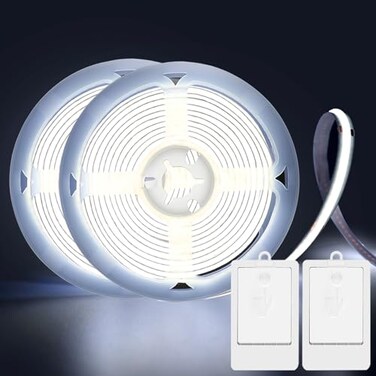 BSGlobal 2 Pack COB LED Strip Light 66ft 640 LED Battery Powered LED Strip Lights Flexible Cuttable Wireless Click Light for Cabinet Wardrobe Kitchen Bedroom 6000K Cool White