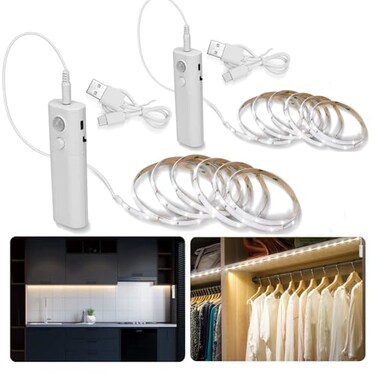 LUXJET 2 Pack Rechargeable LED Strip Lights with Motion Sensor 2M Cool White LED Closet Light Motion Activated Under Cabinet Strip Light
