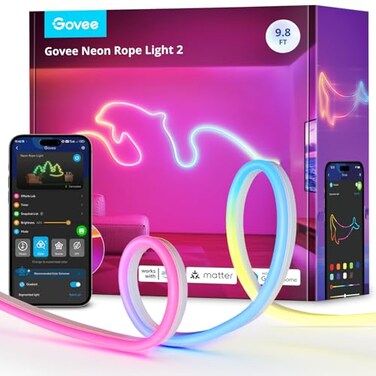 Govee RGBIC Neon Lights LED Smart Neon Rope Light 2 Works with Matter Alexa Google Assistant Custom DIY Neon Strip Lights for Bedroom and Wall Decor Softer Material 98ft White