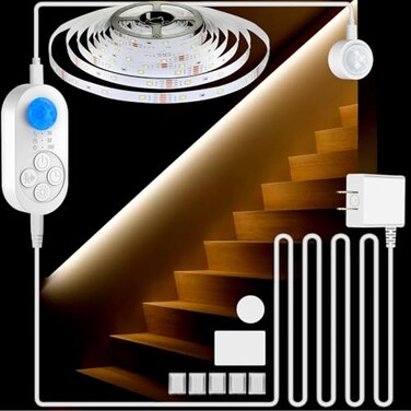 GOOMEEYA Dual Motion Sensor Light Indoor Plugin Adjustable LED Step Stair Light Strip with Double Sensor Detection Timer Dimmer for Staircase Hallway Bedroom 164FT 3000K Warm White